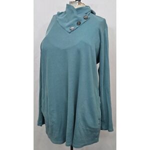 J‎ Jill Pure Jill Button Cowl Neck Tunic Top Women L Teal Blue Cotton Knit